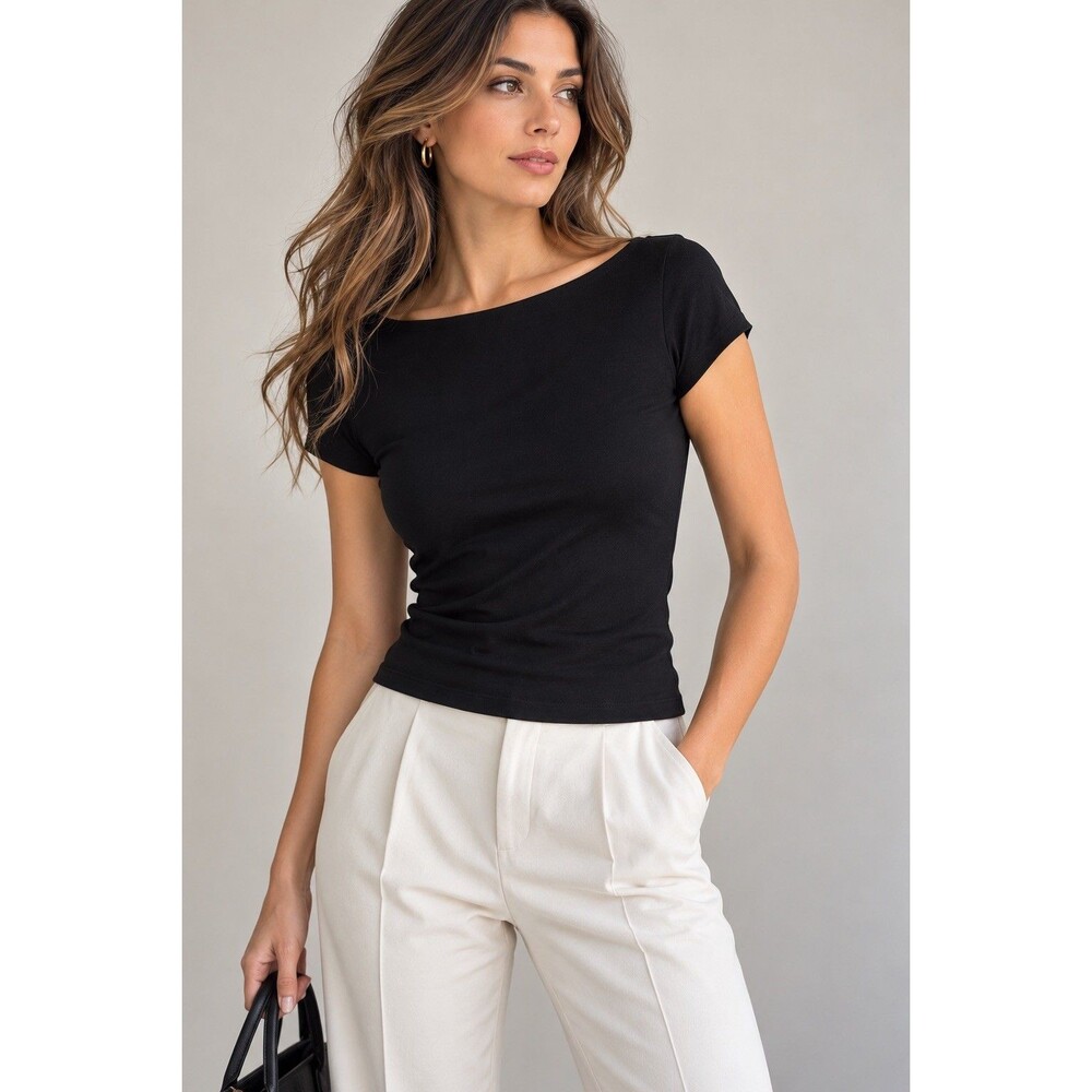 WORKSHOP Republic Clothing Women’s Black Boat Neck Short Sleeve Knit Top L